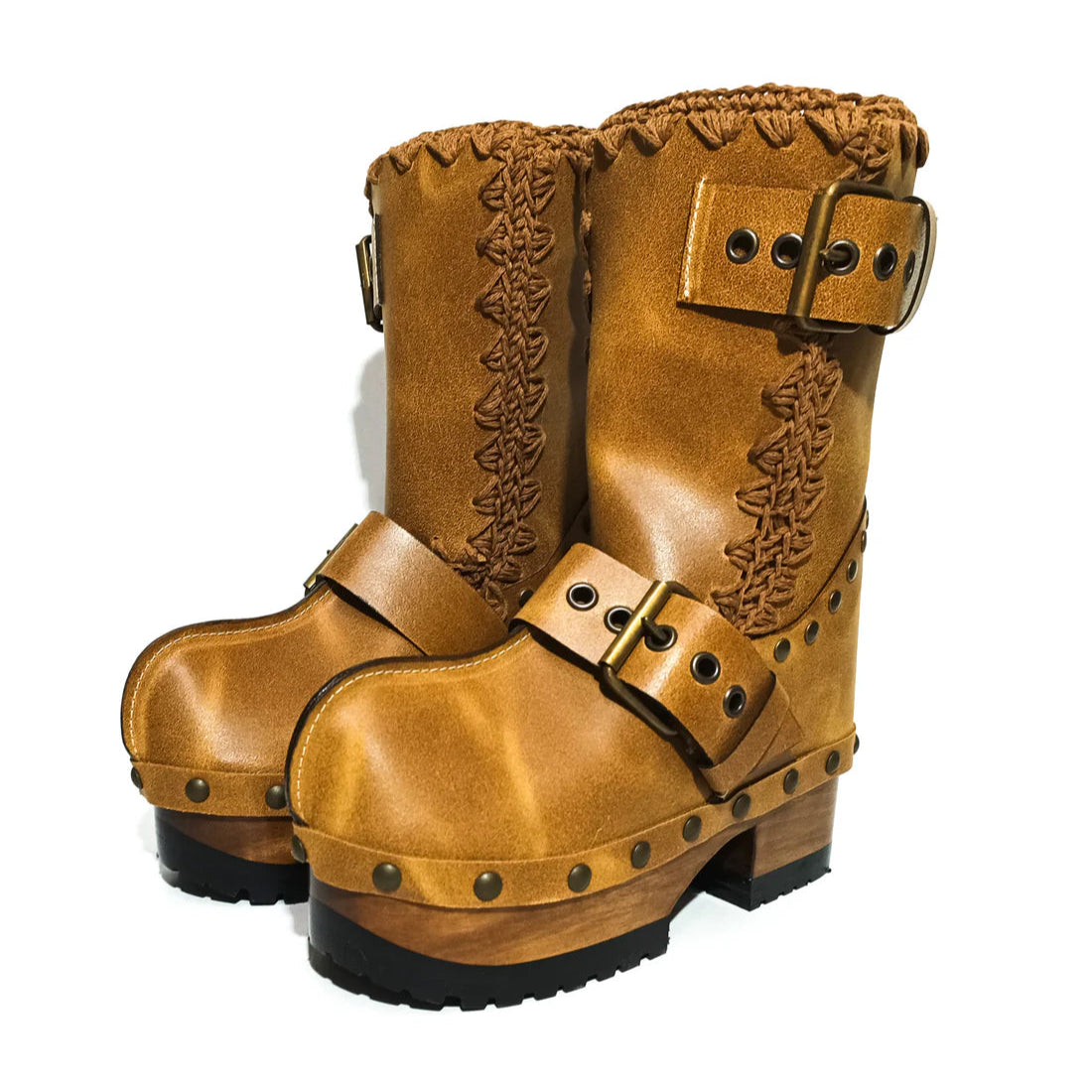 Tan Leather Studded Buckle - Strap Platform Clog Boots
