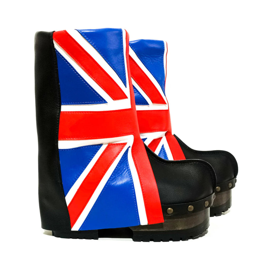 Black Platform Clog Boots with Union Jack Print