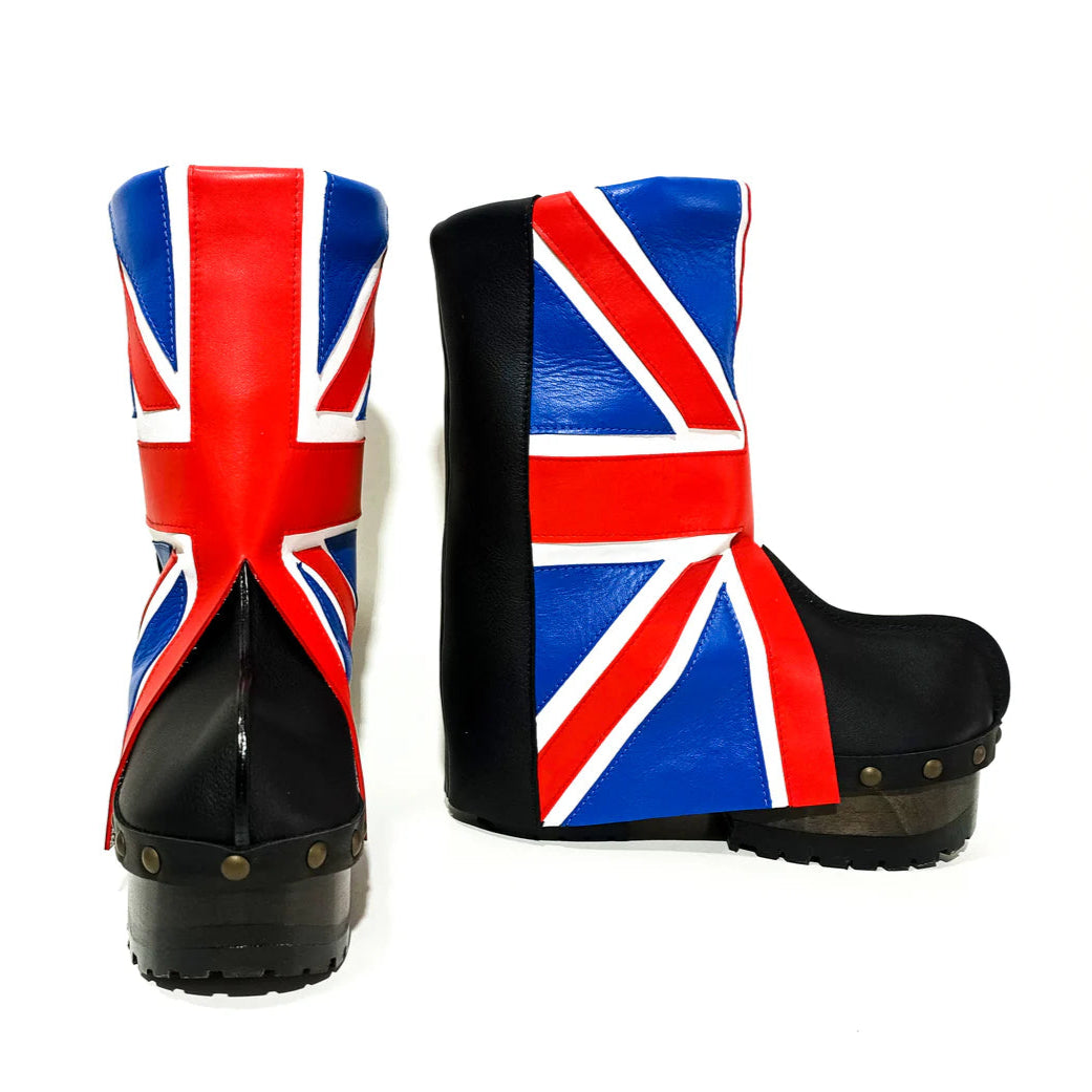 Black Platform Clog Boots with Union Jack Print