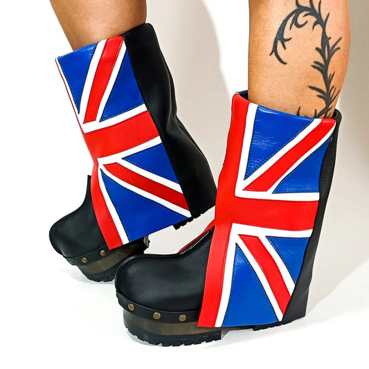 Black Platform Clog Boots with Union Jack Print