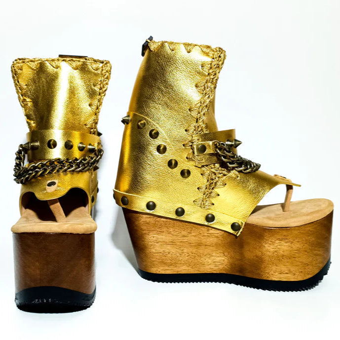 Gold - Embellished Chain - Strap Platform Gladiator Sandals