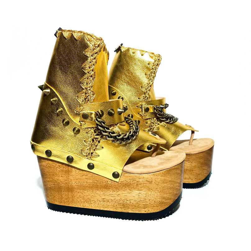 Gold - Embellished Chain - Strap Platform Gladiator Sandals