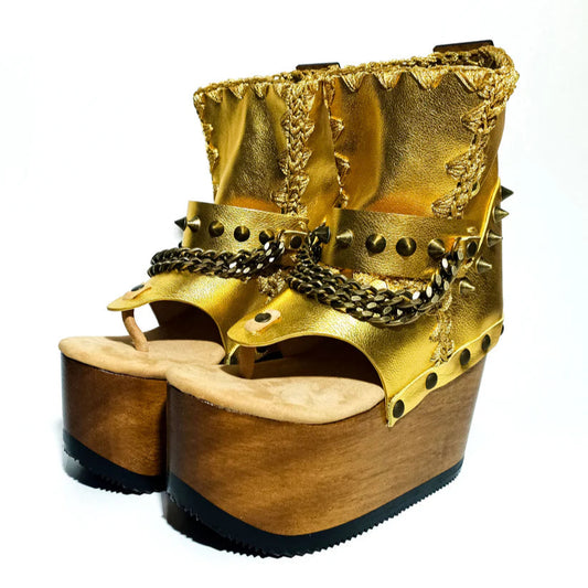 Gold - Embellished Chain - Strap Platform Gladiator Sandals