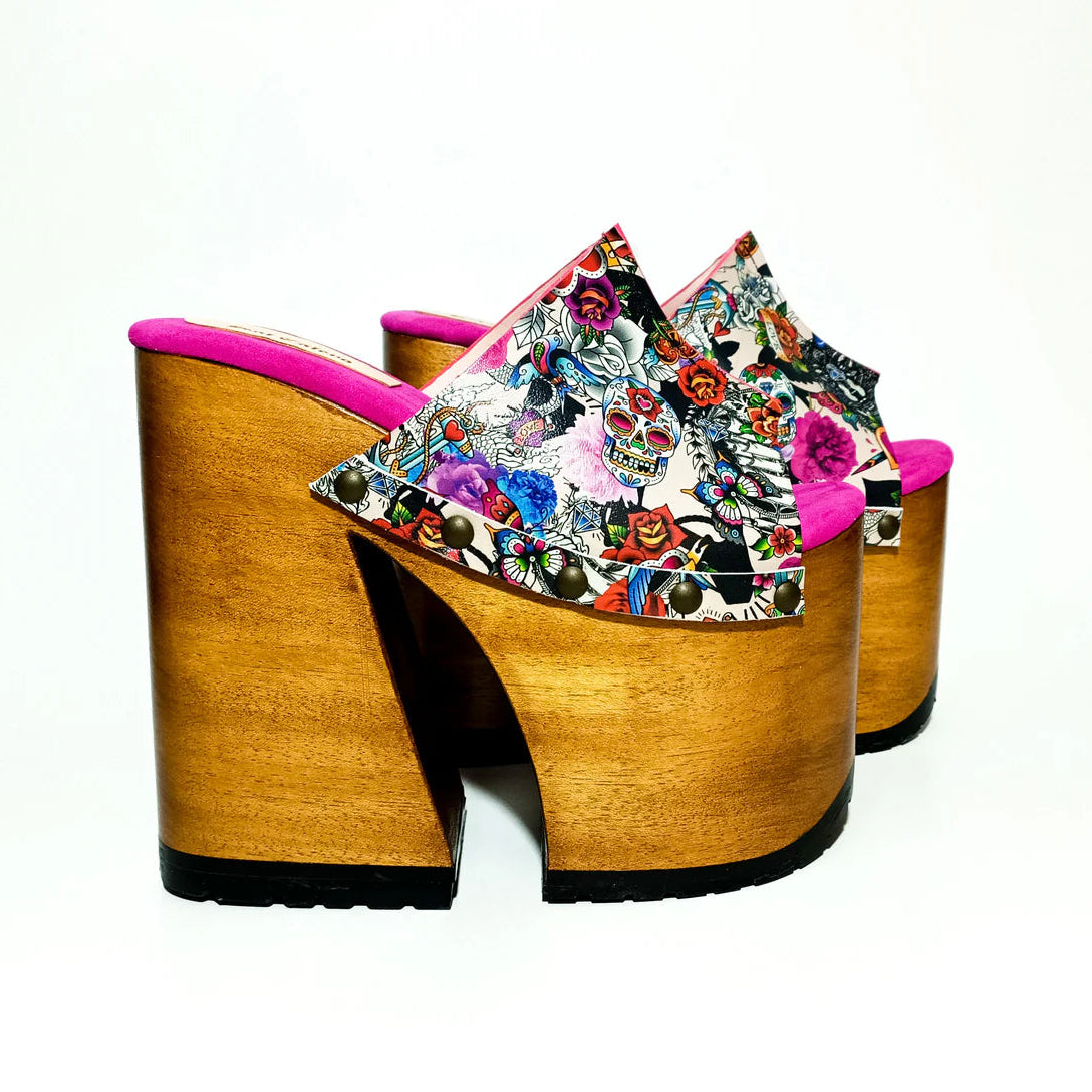 Colorful Floral - Print Platform Mule Sandals