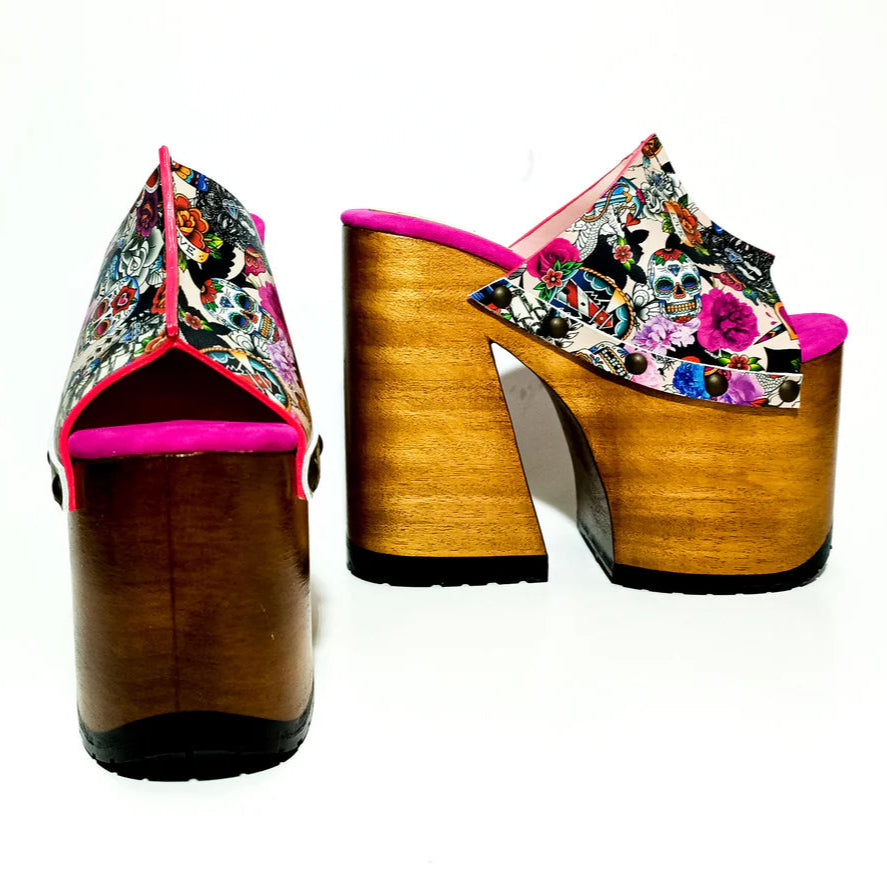 Colorful Floral - Print Platform Mule Sandals