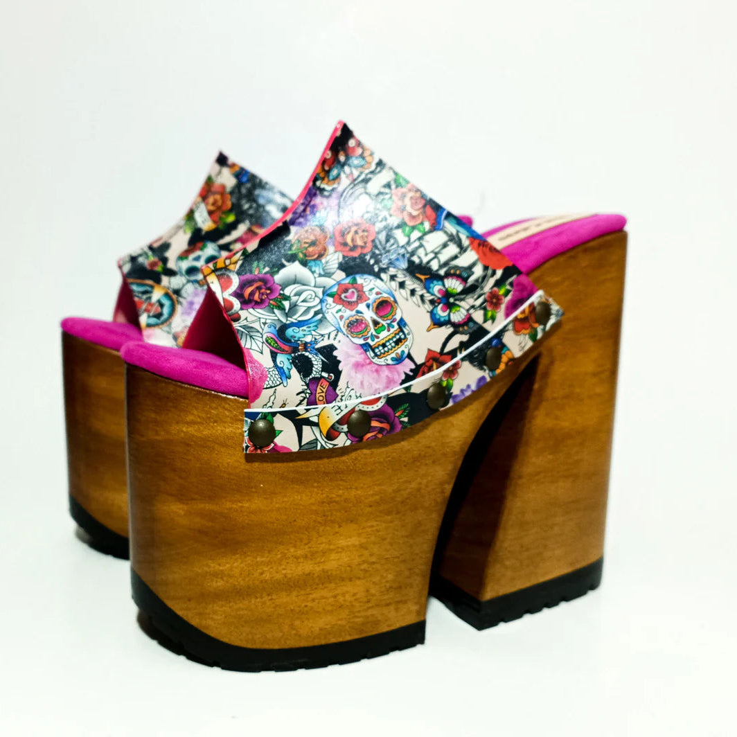 Colorful Floral - Print Platform Mule Sandals