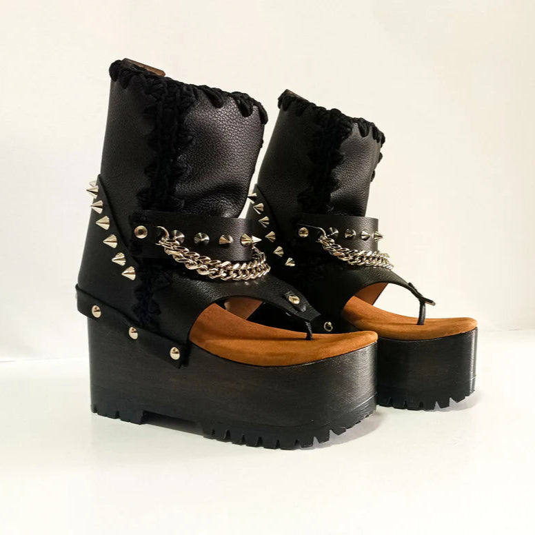 Black Studded Chain - Accent Platform Gladiator Sandals