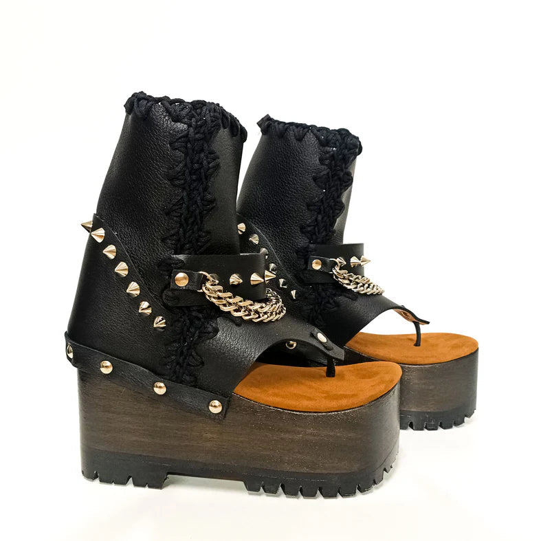 Black Studded Chain - Accent Platform Gladiator Sandals