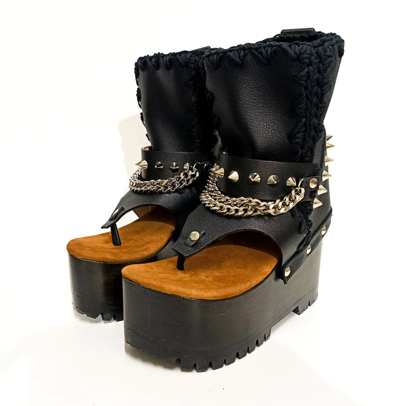 Black Studded Chain - Accent Platform Gladiator Sandals