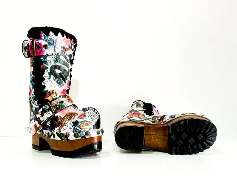 Tattoo - Print Buckled Platform Ankle Boots