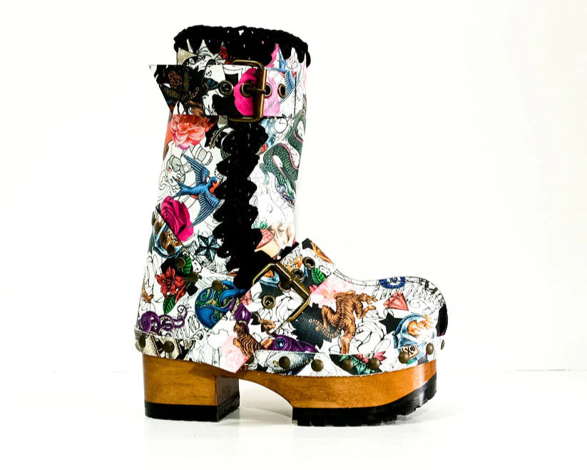 Tattoo - Print Buckled Platform Ankle Boots