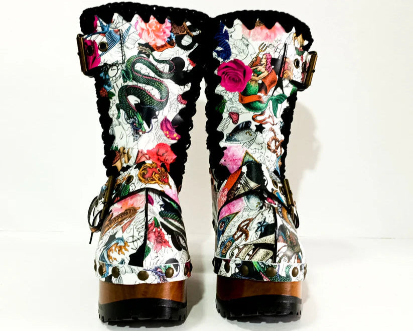 Tattoo - Print Buckled Platform Ankle Boots