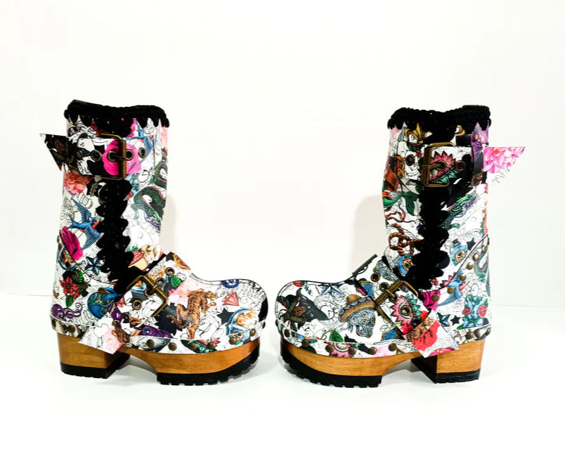 Tattoo - Print Buckled Platform Ankle Boots