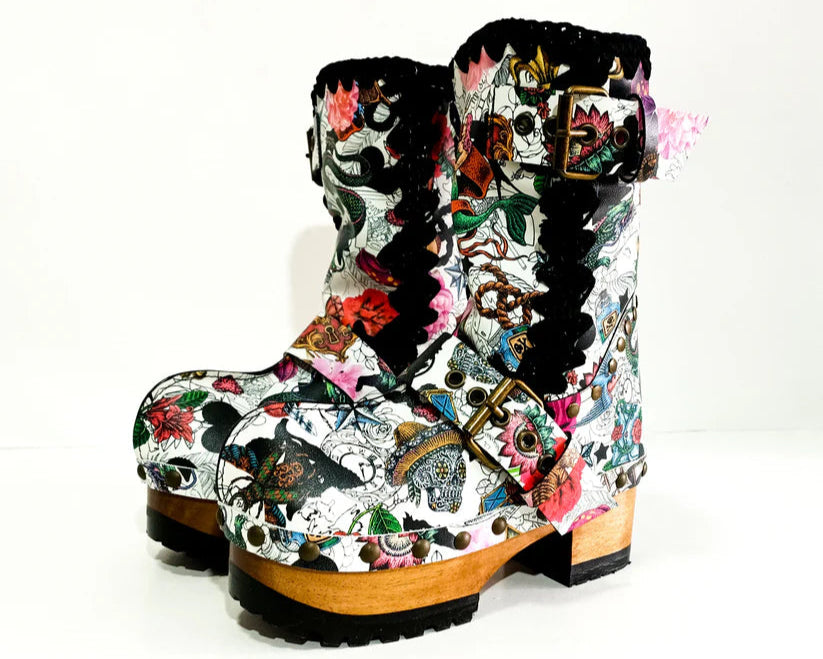 Tattoo - Print Buckled Platform Ankle Boots