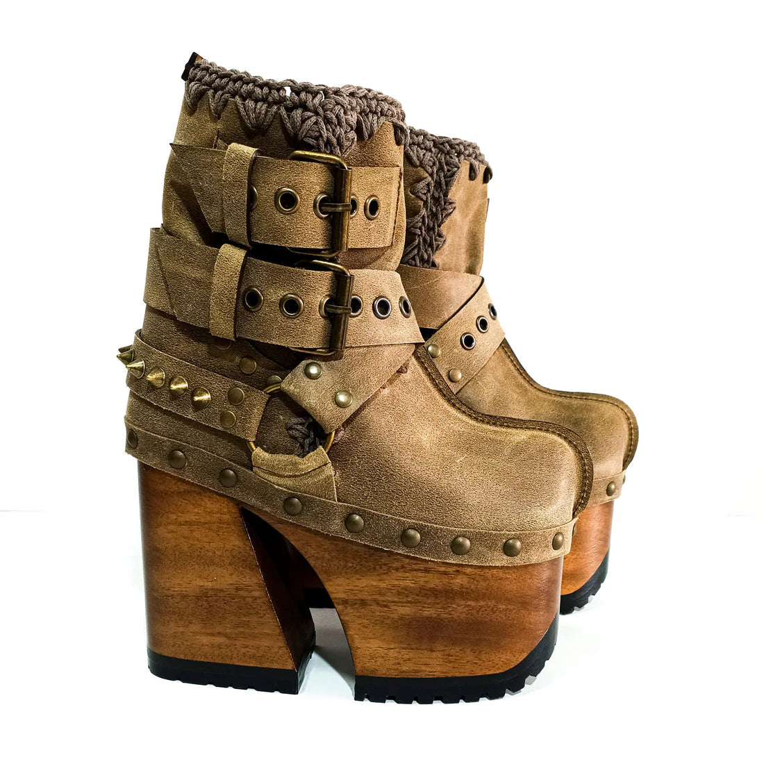 Brown Suede Studded Buckle - Strap Platform Clog Boots