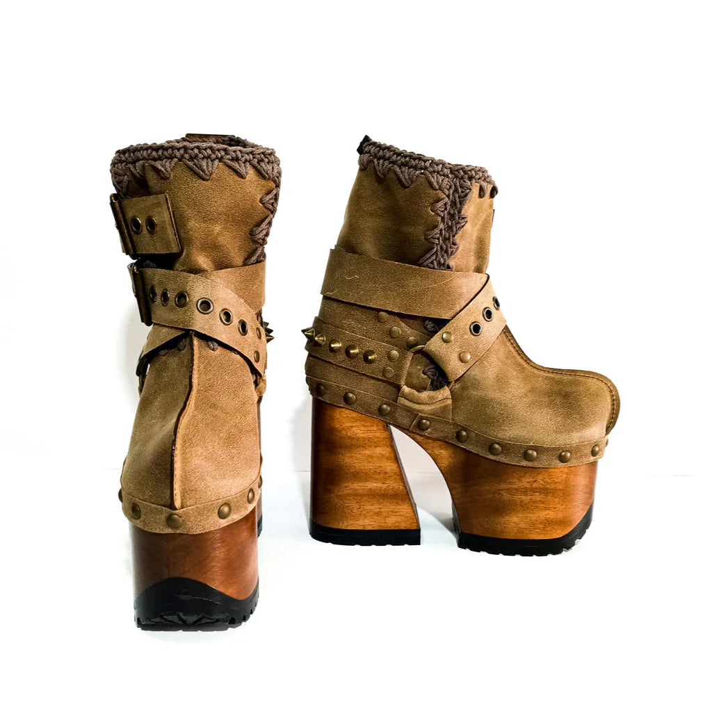 Brown Suede Studded Buckle - Strap Platform Clog Boots