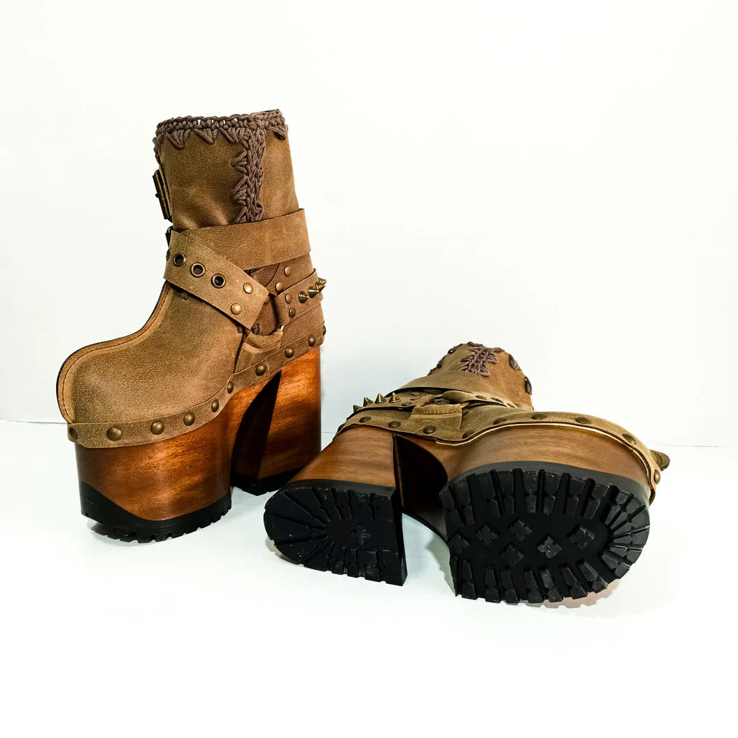 Brown Suede Studded Buckle - Strap Platform Clog Boots
