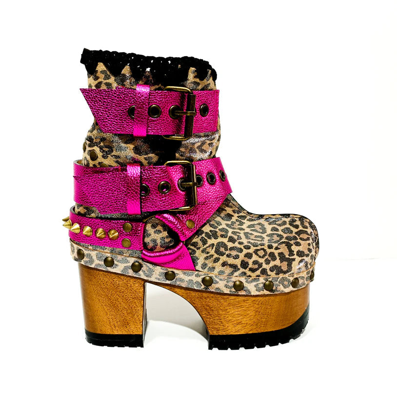 Leopard - Print Pink Buckled Platform Boots