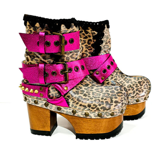 Leopard - Print Pink Buckled Platform Boots