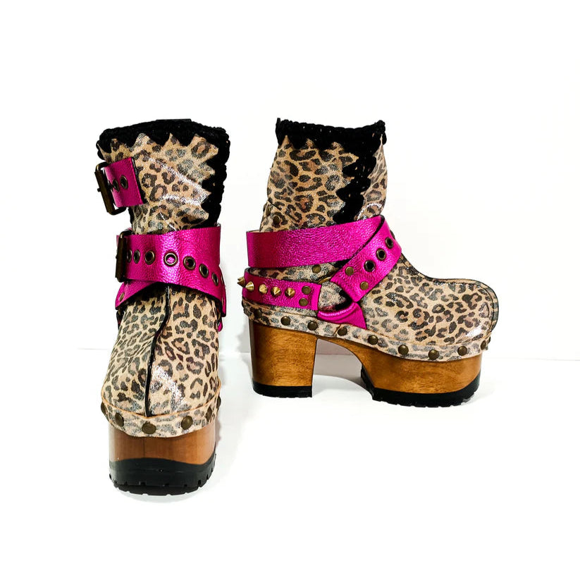 Leopard - Print Pink Buckled Platform Boots