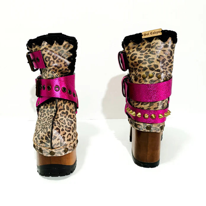 Leopard - Print Pink Buckled Platform Boots