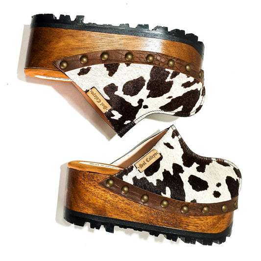 Cow - Print Studded Platform Clog Mules