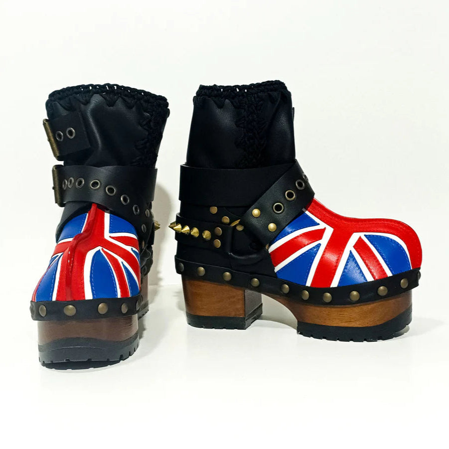 Union Jack - Printed Studded Platform Clog Boots