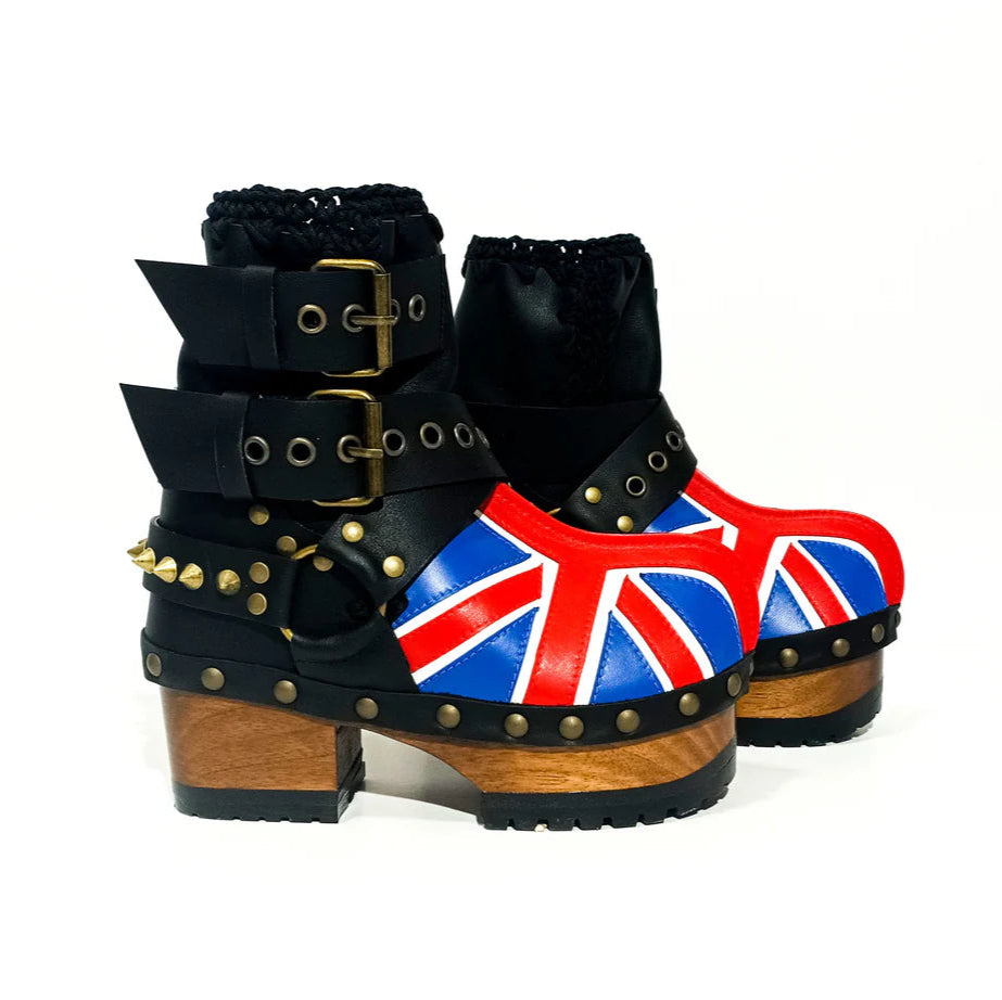 Union Jack - Printed Studded Platform Clog Boots