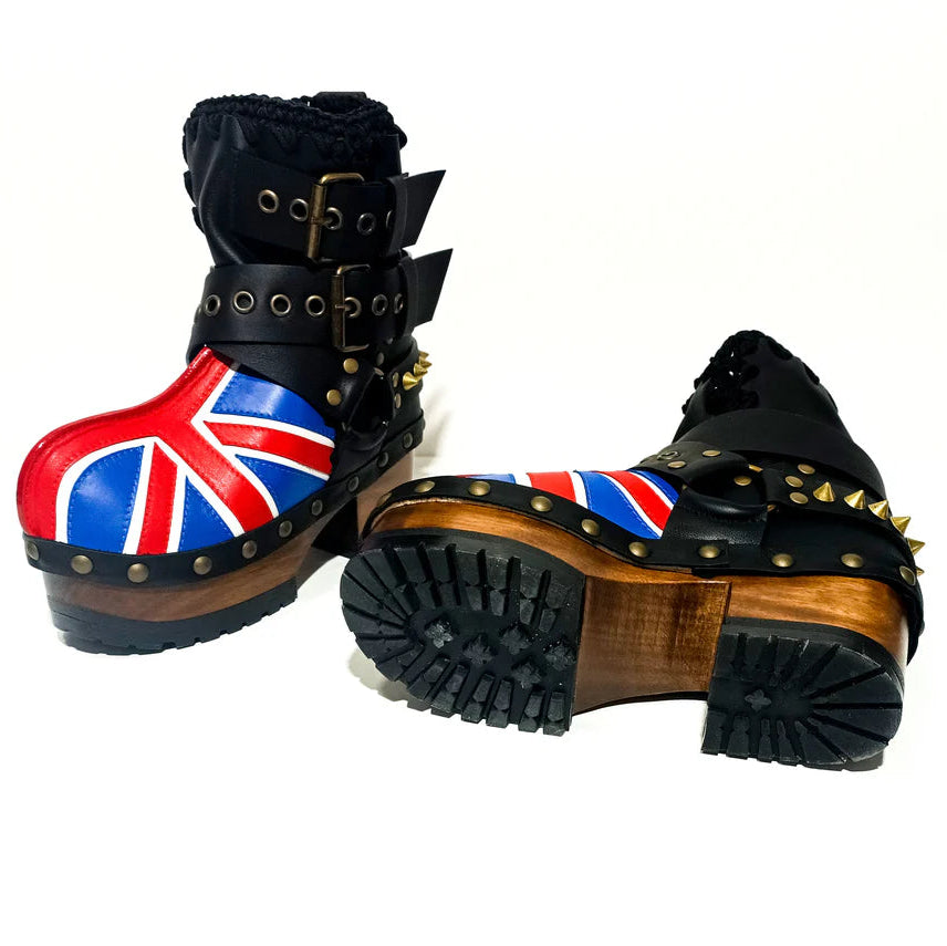 Union Jack - Printed Studded Platform Clog Boots