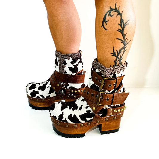 Cow Print Patchwork Wooden Clog Boots