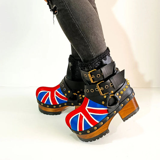 Union Jack - Printed Studded Platform Clog Boots