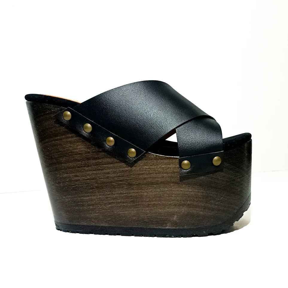 Black Cross - Strap Wooden Wedge Mules