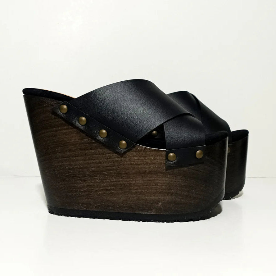 Black Cross - Strap Wooden Wedge Mules