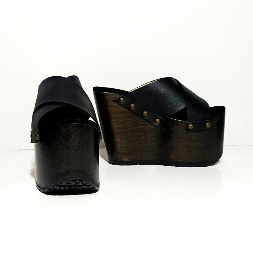 Black Cross - Strap Wooden Wedge Mules
