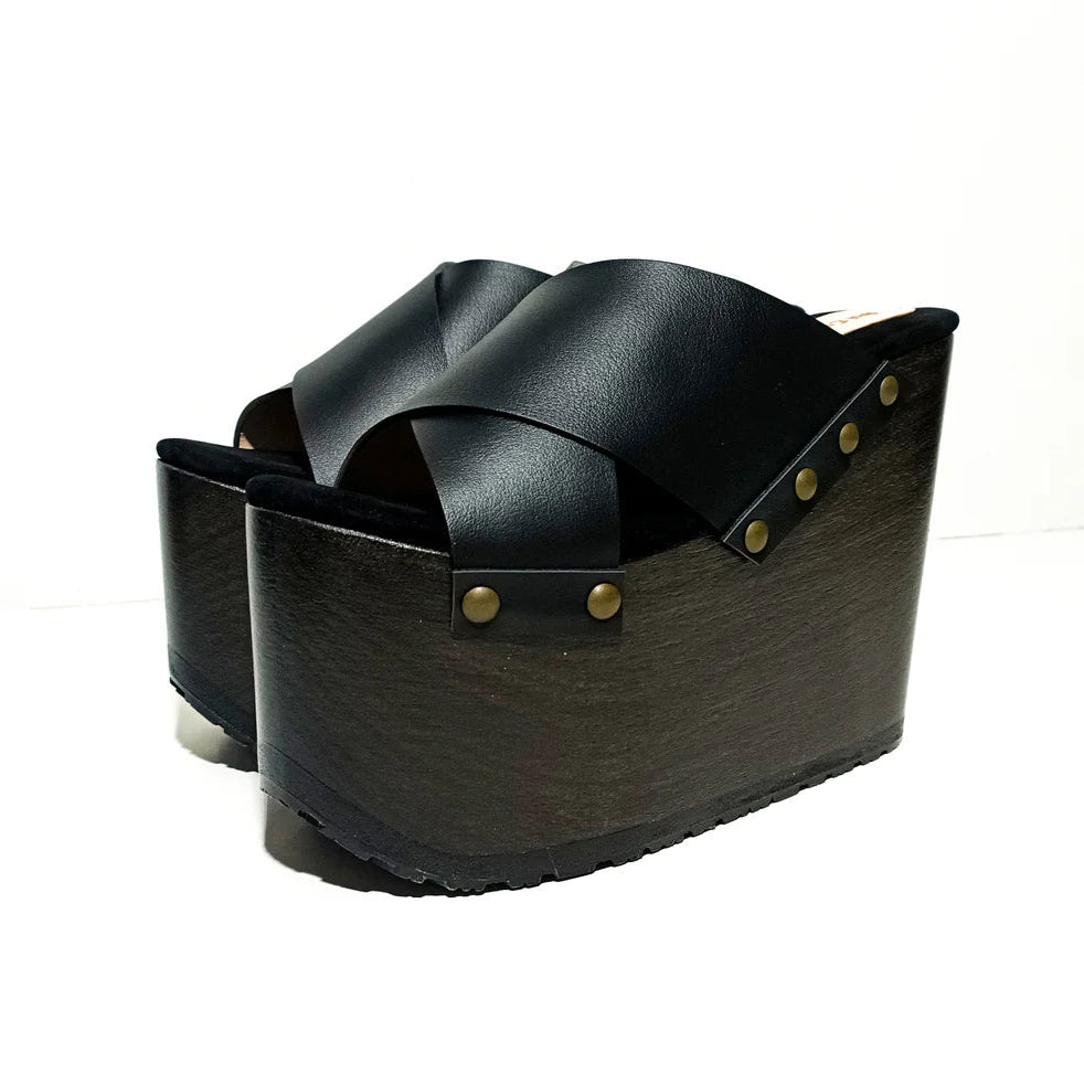 Black Cross - Strap Wooden Wedge Mules