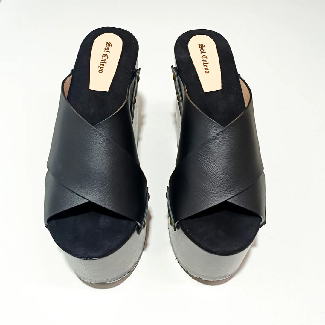 Black Cross - Strap Wooden Wedge Mules