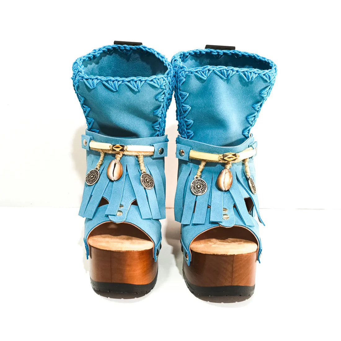 Boho Fringe - Trimmed Blue Platform Sandals