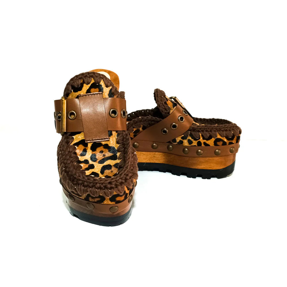 Leopard - Print Crochet - Trimmed Wooden Clogs