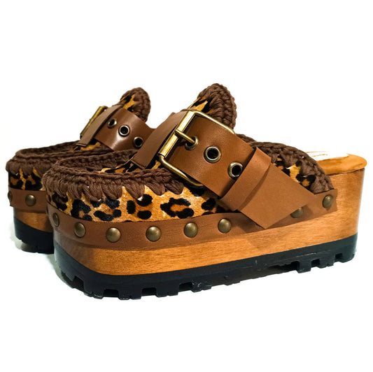 Leopard - Print Crochet - Trimmed Wooden Clogs