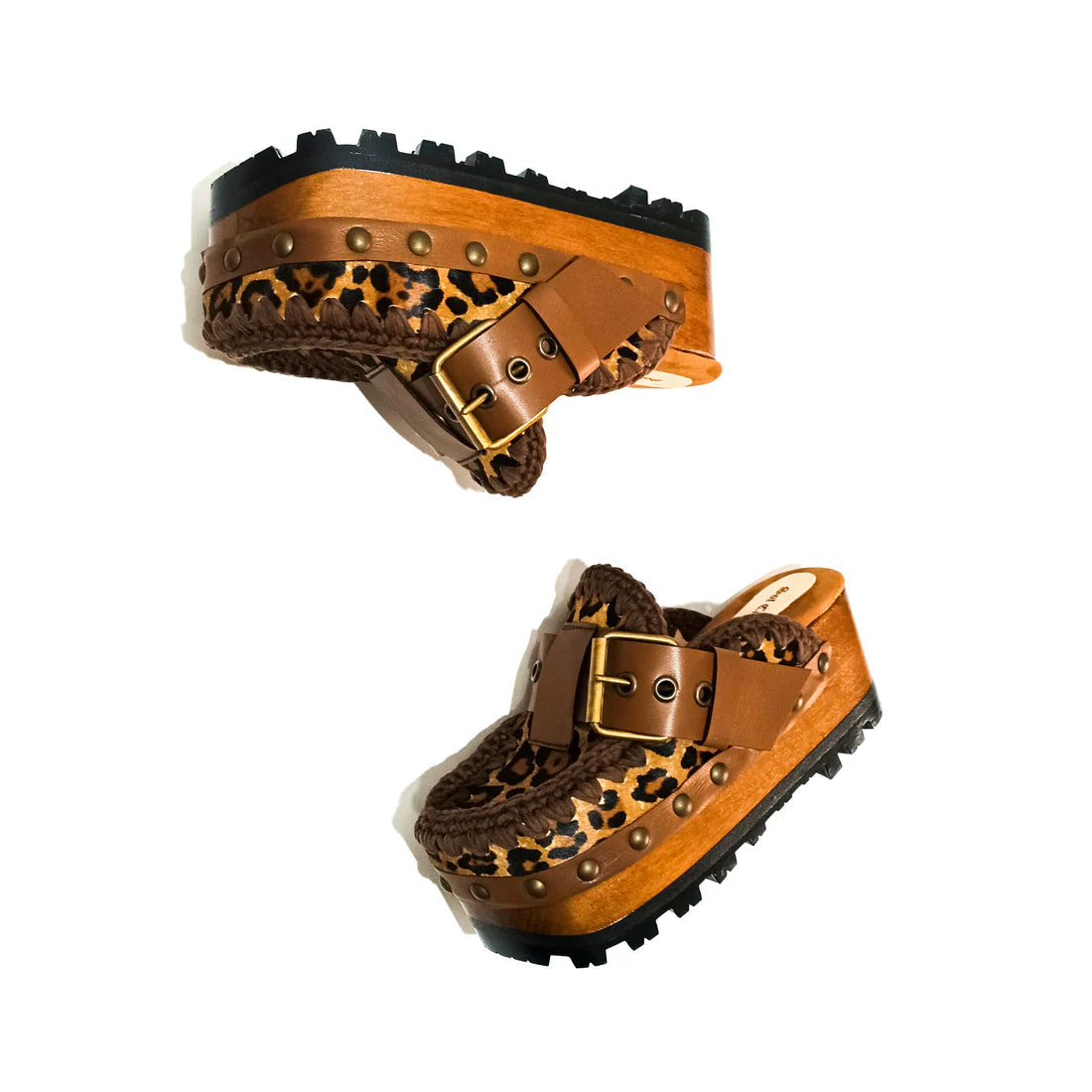 Leopard - Print Crochet - Trimmed Wooden Clogs