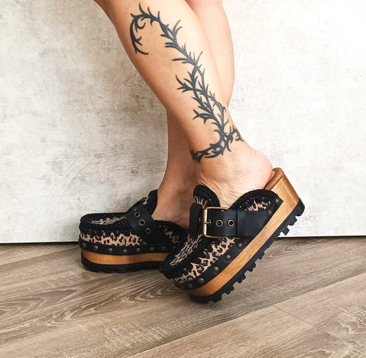 Leopard - Print Crochet - Trimmed Platform Clog Mules