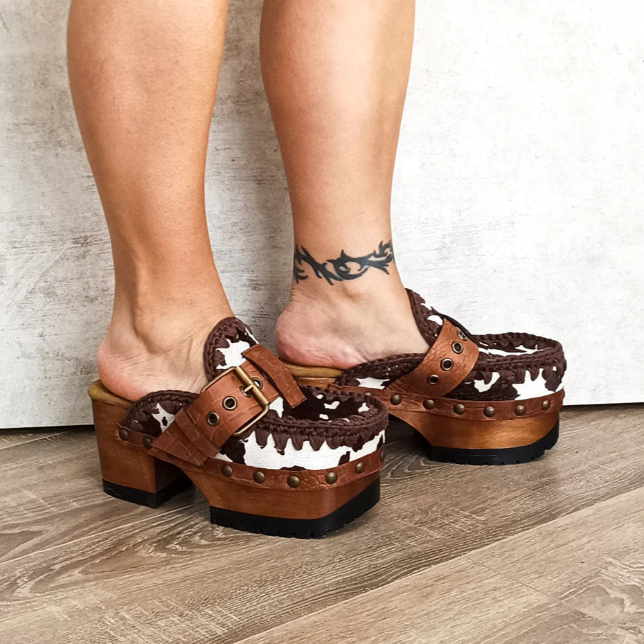 Cow - Print Crochet Clogs with Buckles