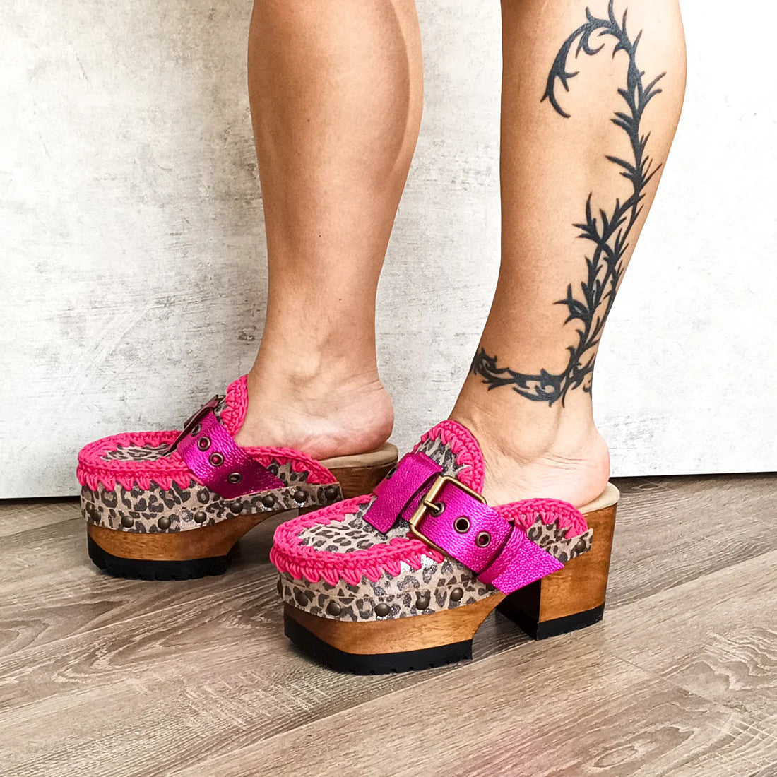 Pink Crochet & Leopard - Print Clogs