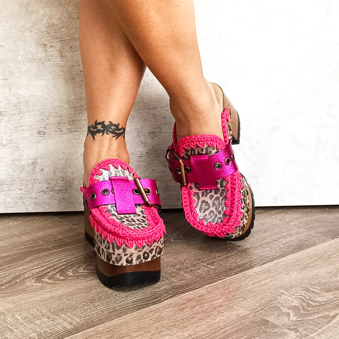 Pink Crochet & Leopard - Print Clogs