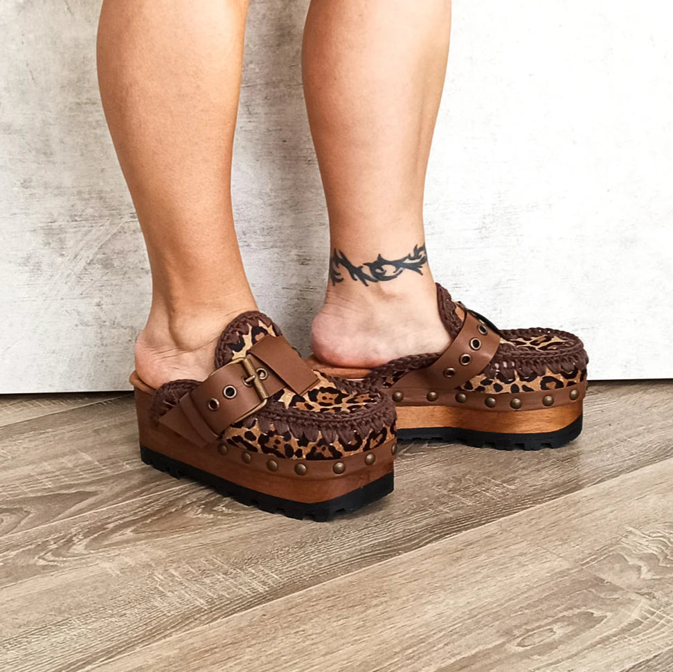 Leopard - Print Crochet - Trimmed Wooden Clogs