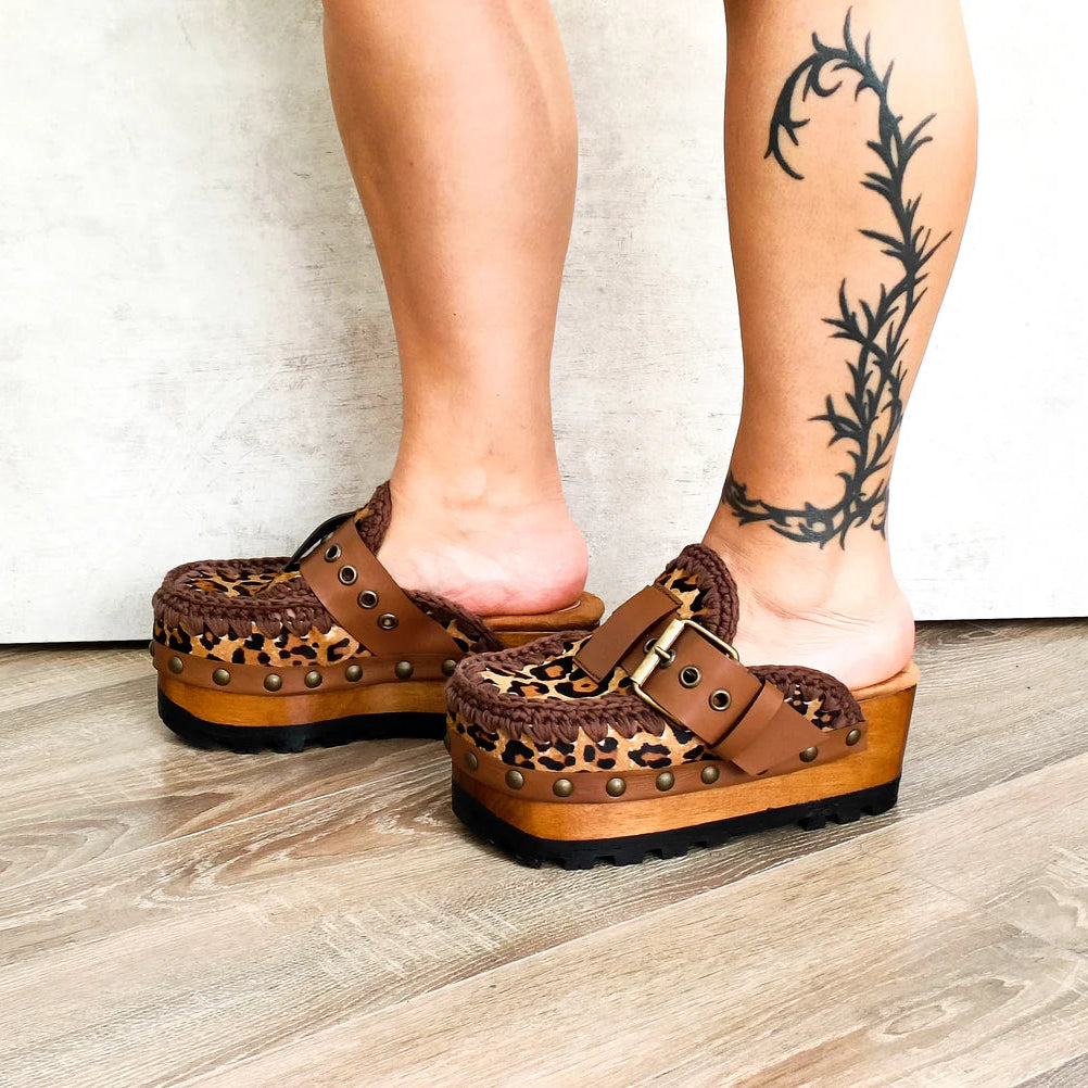 Leopard - Print Crochet - Trimmed Wooden Clogs