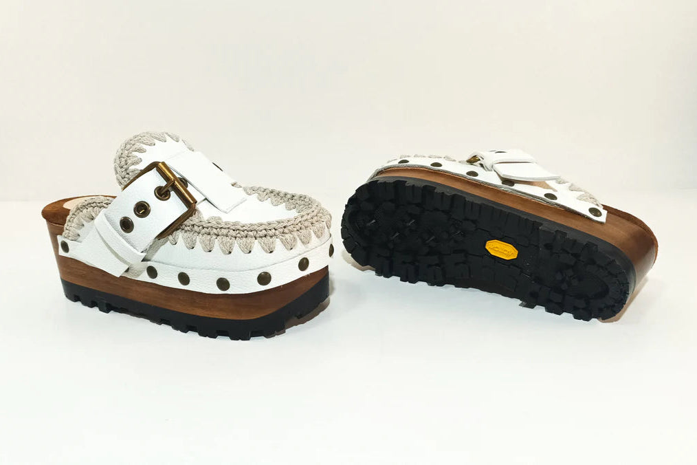 White Woven - Trim Buckle Platform Clogs