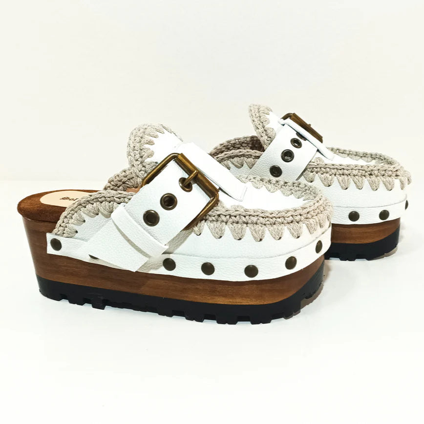 White Woven - Trim Buckle Platform Clogs