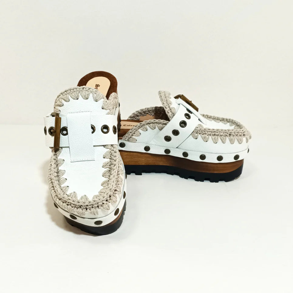 White Woven - Trim Buckle Platform Clogs