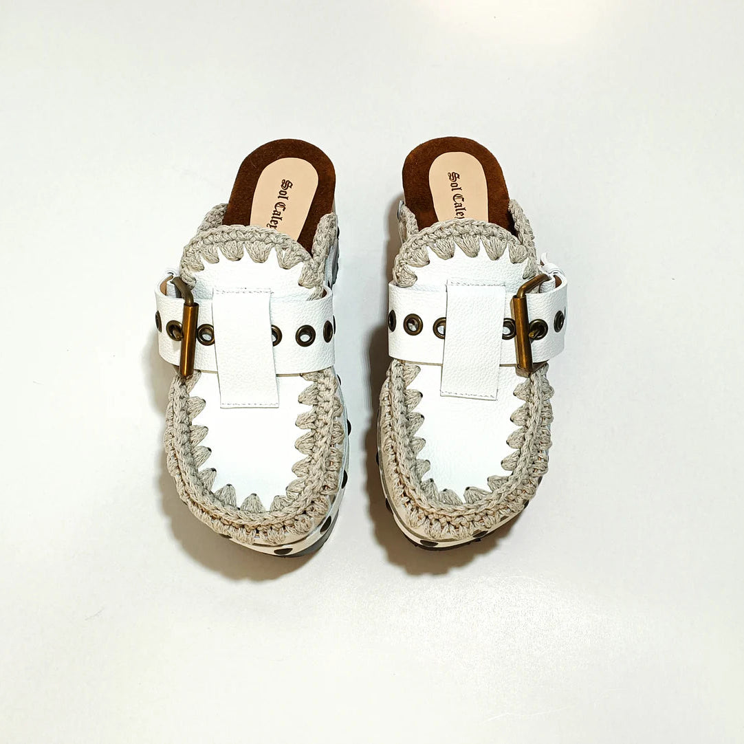 White Woven - Trim Buckle Platform Clogs
